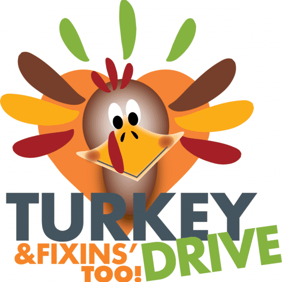 Cartoon turkey in a palette of orange and brown with text that says Turkey Drive & Fixins Too