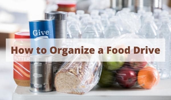 Food drive items with "how to organize a food drive" text overlay