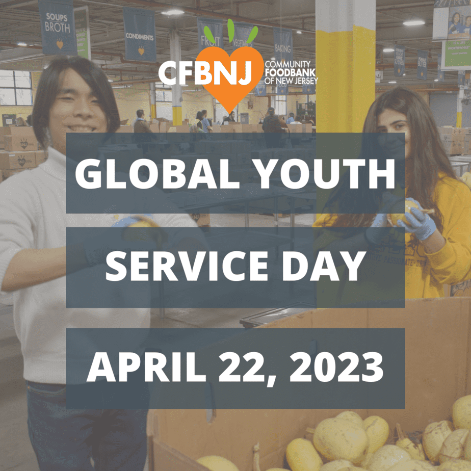 Global Youth Service Day overlaid on a photo of smiling volunteers sorting vegetables.