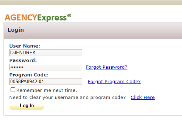 Screenshot of an Agency Express order form with fields for username, password and program code