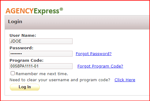 Agency Express sign-in screenshot